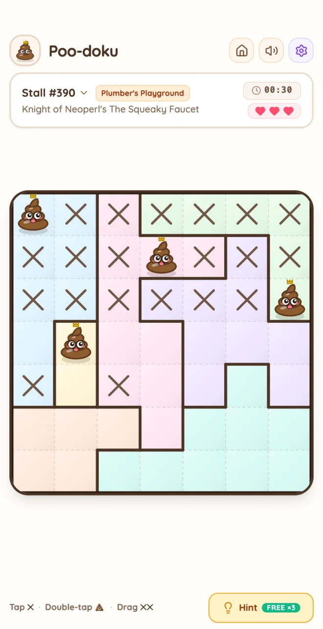 A Poodoku puzzle in play: a 7×7 board of pastel coloured regions with four crowned poos placed and ✕ marks on the tiles that are ruled out