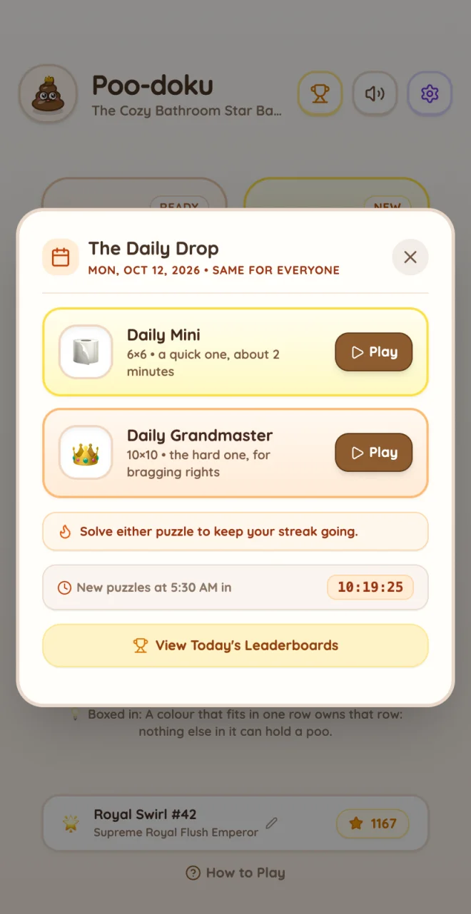 The Daily Drop screen with a 6×6 Daily Mini and a 10×10 Daily Grandmaster puzzle