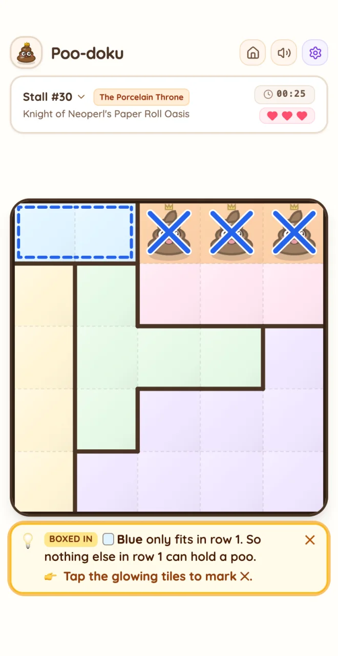 A Poodoku hint card labelled Boxed in, explaining that blue only fits in row 1 so nothing else in row 1 can hold a poo