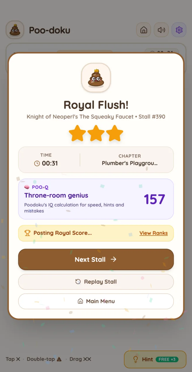 The Poodoku win screen showing three stars, a time of 31 seconds and a Poo-Q score